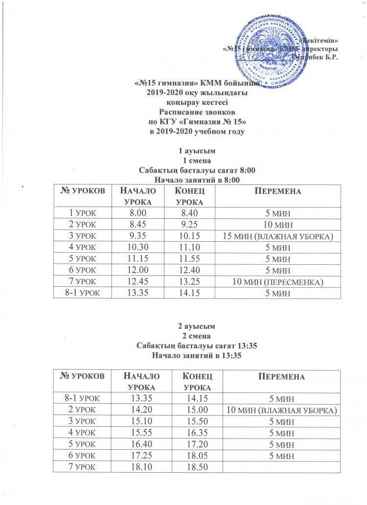 Расписание звонков