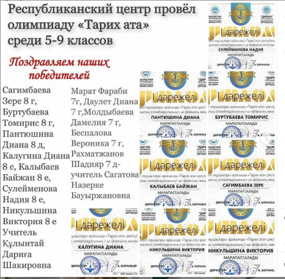 Призеры олимпиады Республиканского центра "Тарих ата"