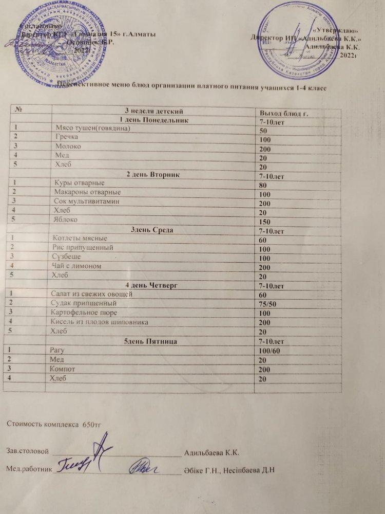 Перспективное меню блюд 3 день