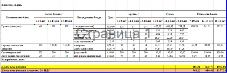 Меню 2 неделя 1 день